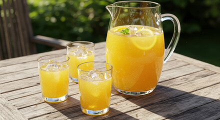 Refreshing lemonade pitcher with glasses on a wooden table, perfect for summer gatherings
