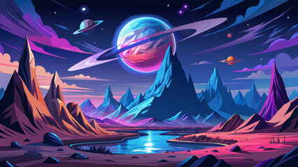 Stunning Night extraterrestrial scene. Huge mountains against Starry sky. Fantasy landscape. Alien planet. Photorealistic Generative AI illustration.