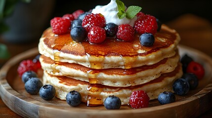 Fluffy pancake stack with syrup, berries, and whipped cream on a rustic plate, creating a cozy breakfast setting