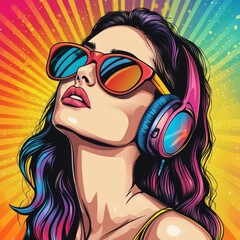 Pop art retro style pretty sexy ginger young woman wearing sunglasses on vibrant colorful background. Generative AI