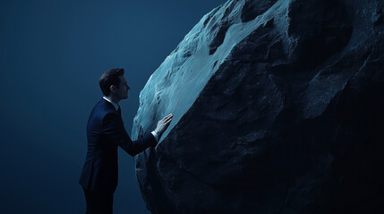 Obraz premium Man in dark suit pushing a huge stone in low light