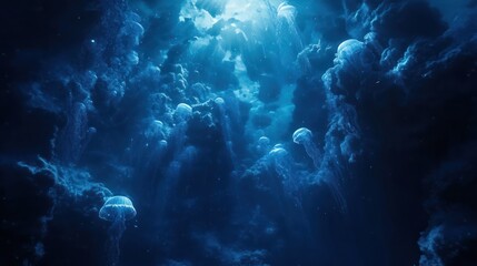 Obraz premium Deep ocean jellyfish clouds, underwater light show, beautiful scene
