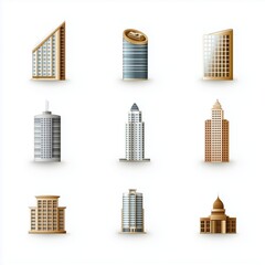 Set of vector icons, simple shapes building skyscrapers, hotel, and office icon set on a white background