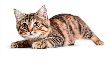 Obraz premium Adorable Tabby Kitten Lying Down on White Background Playful Cute Pet