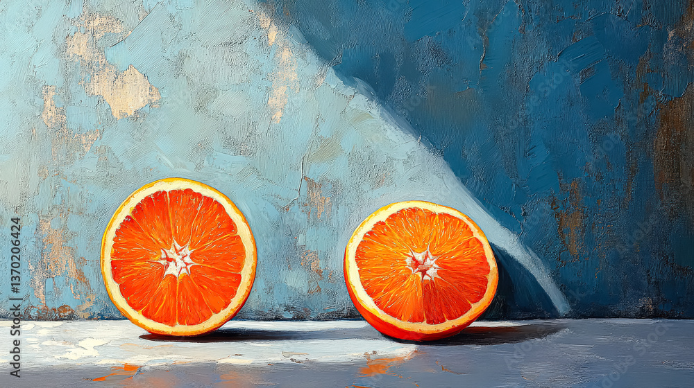 Poster two oranges are cut in half and placed on a table. the oranges are positioned in such a way that the