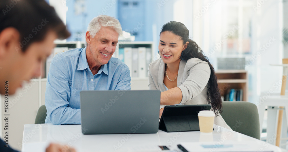 Poster teamwork, mentor and laptop with business people in meeting for agenda notes, review and feedback. a