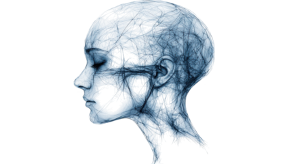 Abstract blue and white human head, a minimalist representation of thought creativity