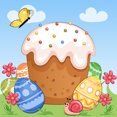 Cute cartoon Easter bread with Easter eggs with flowers, butterfly and snail. Holiday vector illustration of traditional food on a blue background.