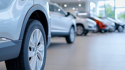 A close-up view of a car's wheel in a modern showroom with various vehicles displayed in the background, highlighting a sleek automotive environment.
