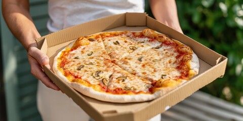 A person is holding a pizza box with a pizza inside. The pizza is topped with cheese and pepperoni