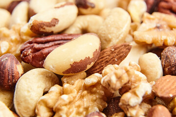A close-up view of assorted mixed nuts, including Brazil nuts, pecans, walnuts, almonds, and cashews, showcasing their natural textures and rich colors