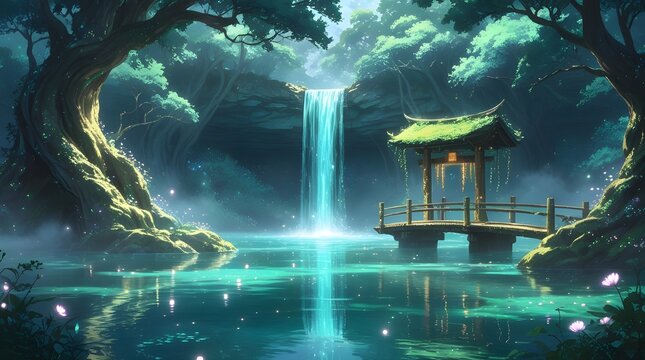 A breathtaking anime-style illustration of a mystical forest featuring a glowing turquoise waterfall, a serene lake, and an enchanting wooden pavilion with a moss-covered roof