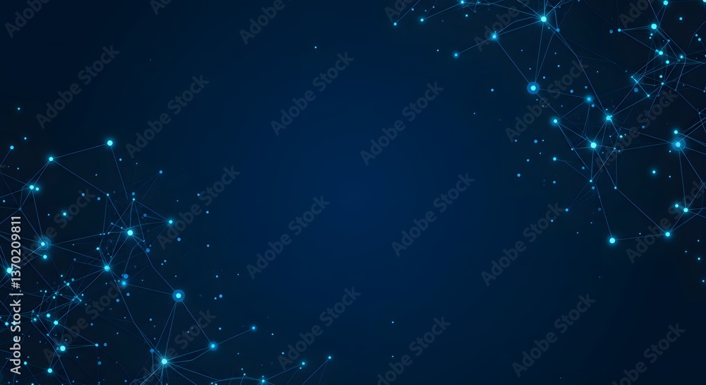 Poster ai image of blue digital network design, showing glowing dots and lines in corners, on a dark blue b