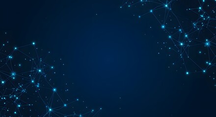 AI image of blue digital network design, showing glowing dots and lines in corners, on a dark blue background with open space.