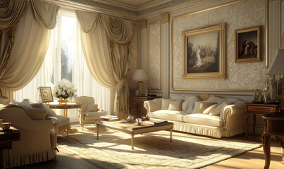 A luxurious living room featuring elegant furnishings, ornate decor, and abundant natural light streaming through large windows.