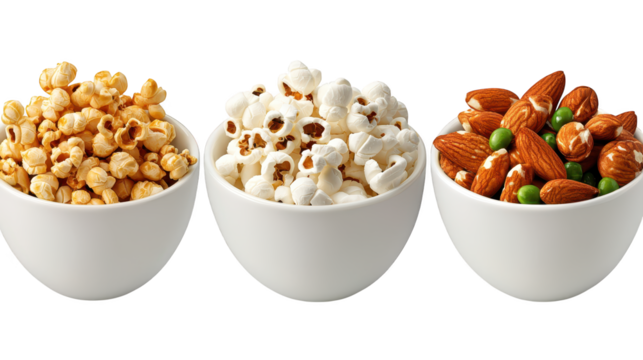 Crunchy popcorn, almonds, and nuts in bowls, a movie night treat for sharing enjoy
