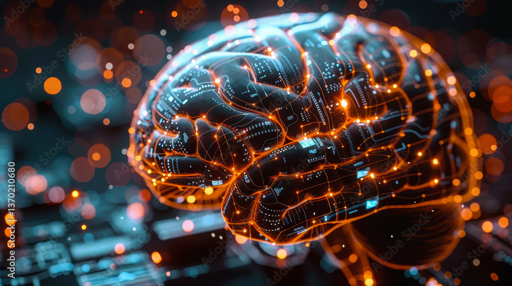 Poster 3d illustration of ai robot brain enhancing human intelligence through augmented reality integration