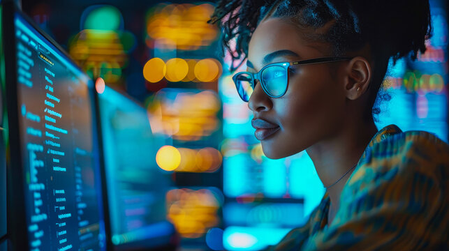 Focused African American Female IT Developer Analyzing Cybersecurity Threats on Computer in Dark Office, Artificial Intelligence Security, Night Work, High-Tech Environment, Program Codes
