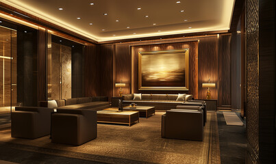A luxurious and well-lit lounge featuring elegant furniture, artistic decor, and a warm color palette, creating an inviting atmosphere.