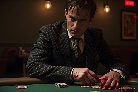 A man in a pinstripe suit, blood-stained gloves resting on a briefcase full of cash inside a dimly lit underground poker room.