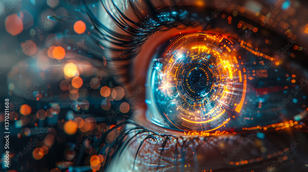 Poster futuristic close-up of glowing digital eye representing artificial intelligence and automation for e