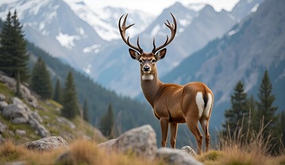 A mule deer stands proudly against a backdrop of snow capped mountains