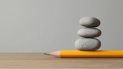 Obraz premium Balanced Stones Stacked on Yellow Pencil Against Gray Background