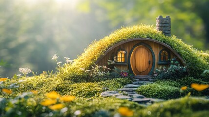 Fototapeta premium Miniature Moss Covered Fairy House in a Green Garden