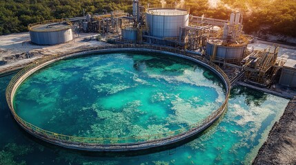 Fototapeta premium Aerial view of industrial water treatment plant, large circular tank, pipes, and storage containers. Shows industrial processes and environmental concerns.