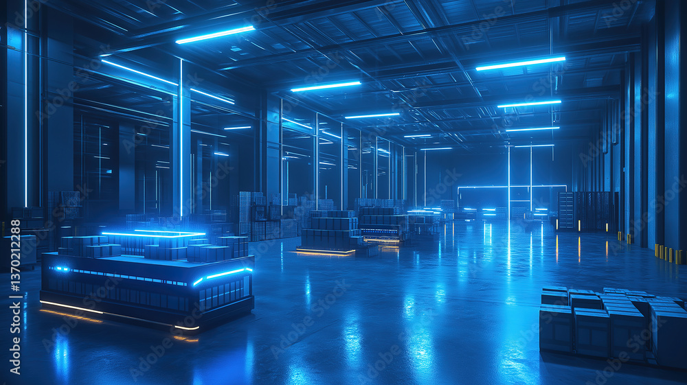 Poster a high-tech futuristic warehouse with neon blue lighting and autonomous robots sorting packages