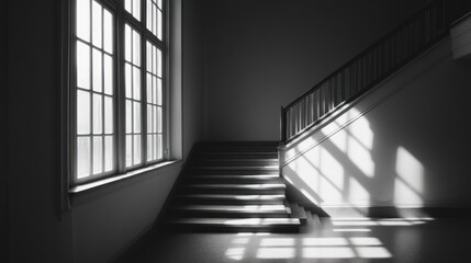Obraz premium Sunlight stairwell interior; shadows, light, architectural; interior design concept
