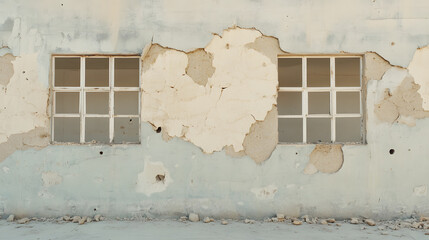 An abandoned building with massive earthquake-induced cracks along its concrete walls. Chunks of plaster have fallen, leaving gaping holes that expose the inner layers. The desolate surroundings and
