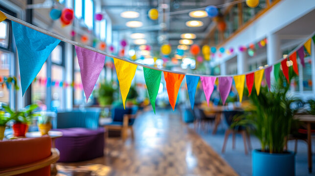 Colorful LGBTQ+ Pride Month Celebration in Creative Open Plan Office with Rainbow Bunting and Vibrant Decorations, Inclusive Positive Company Culture in Modern Workspace, Daytime Festive Atmosphere