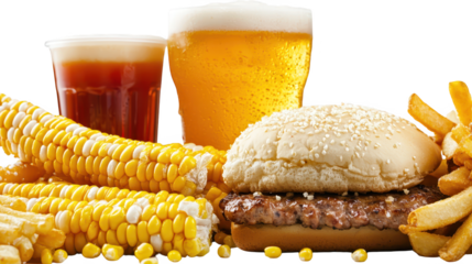 Delicious hamburger with corn and beer, the perfect summer meal juicy
