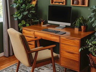 Mid-century modern home office setup with wooden desk, chair, computer, and plants. Stylish and minimalist workspace.