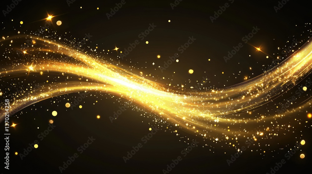 Poster shimmering gold waves with sparkling stars and glittering lights creating a magical and elegant back