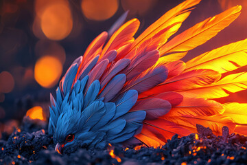 A vibrant bird with blue and orange feathers hides in embers, a surreal and striking image.
