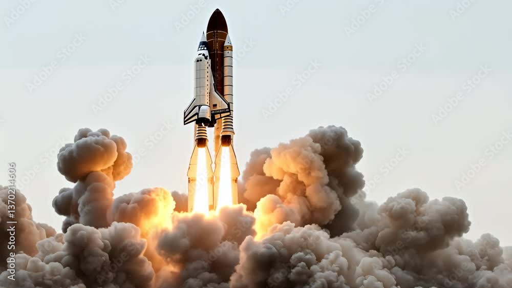 Poster rocket launch creates powerful clouds of smoke and flame during daytime sky ascent in a breathtaking