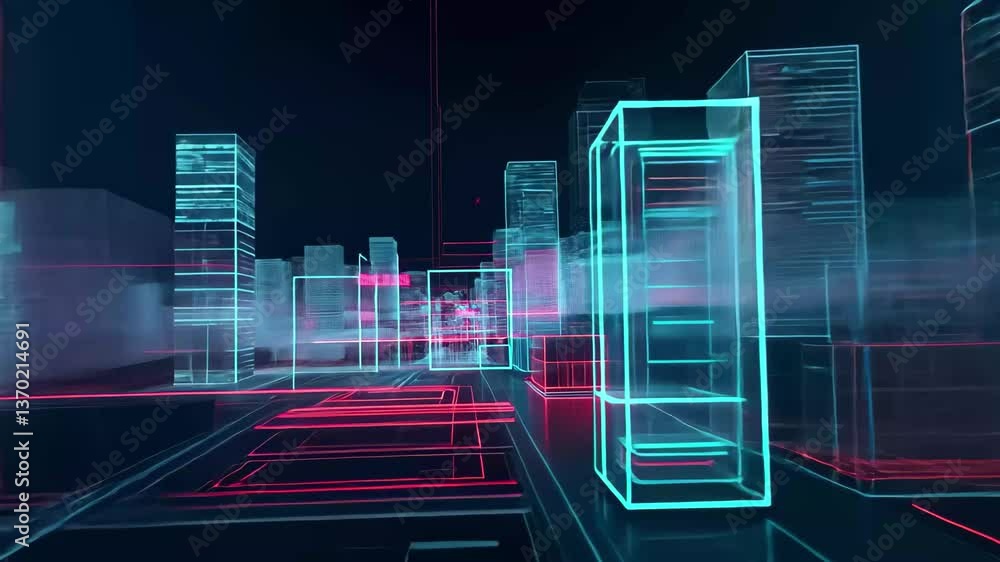 Poster vibrant digital landscape showcasing abstract data streams and illuminated structures in a futuristi