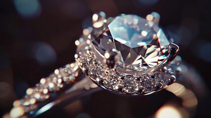 Close-up of a sparkling gemstone ring, with dramatic lighting to highlight its brilliance and craftsmanship.
