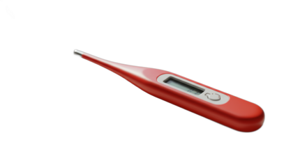 Red digital thermometer against a pristine white backdrop offering precise temperature measurement