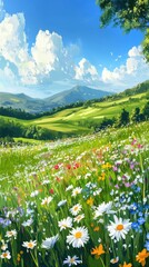 Fototapeta premium Vibrant Wildflower Meadow: A picturesque landscape of a vibrant wildflower meadow stretching towards majestic mountains under a bright, summer sky.