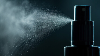 Detailed shot of a facial mist spray bottle, capturing the fine mist in mid-air.