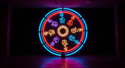 A spinning spectacle: mesmerizing neon wheel of faces illuminates the dark