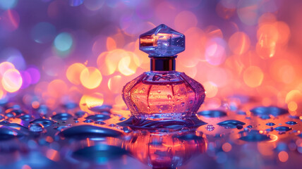 Droplets of dew delicately clinging to the surface of a perfume bottle, refracting light in a mesmerizing display of colors.