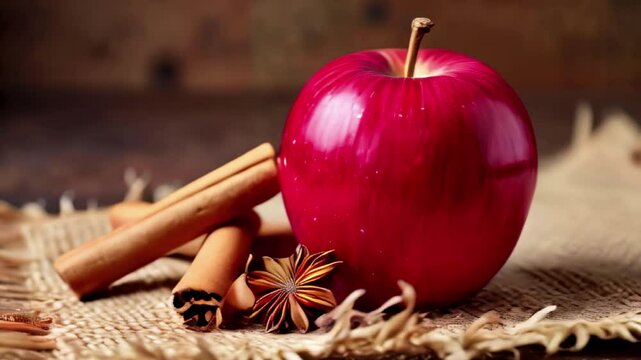 Fresh red apple with star anise and cinnamon sticks on rustic burlap cloth