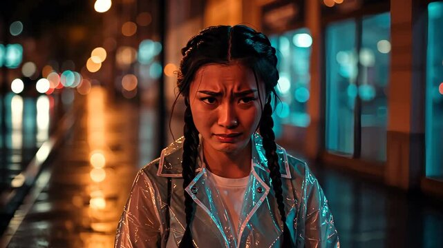 Rainy City Angst: Capturing a young woman's sorrowful expression as she navigates a rain-swept urban landscape at dusk, illuminated by the blurred lights of the city.