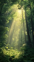 Obraz premium Sunlit Forest: A breathtaking display of sunlight piercing through the dense canopy of a verdant forest, illuminating the natural beauty and peaceful ambiance.