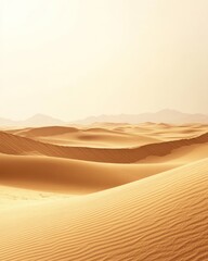 Vast desert landscape. Gentle dunes stretching to the horizon under a pale sky