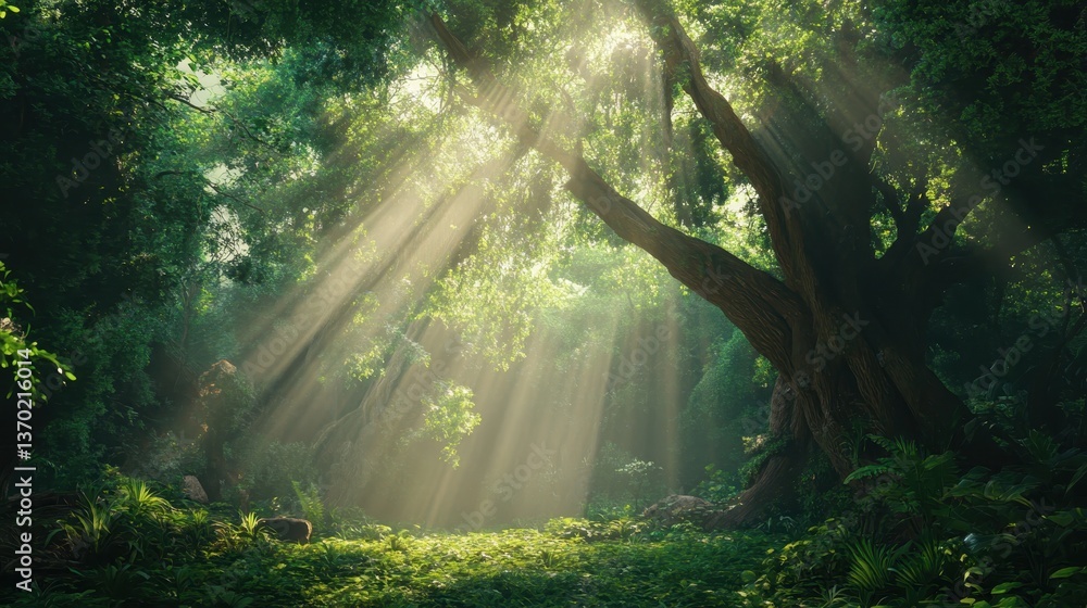 Aufkleber sun-dappled forest: the forest is bathed in warm sunlight filtering through the canopy, creating a m